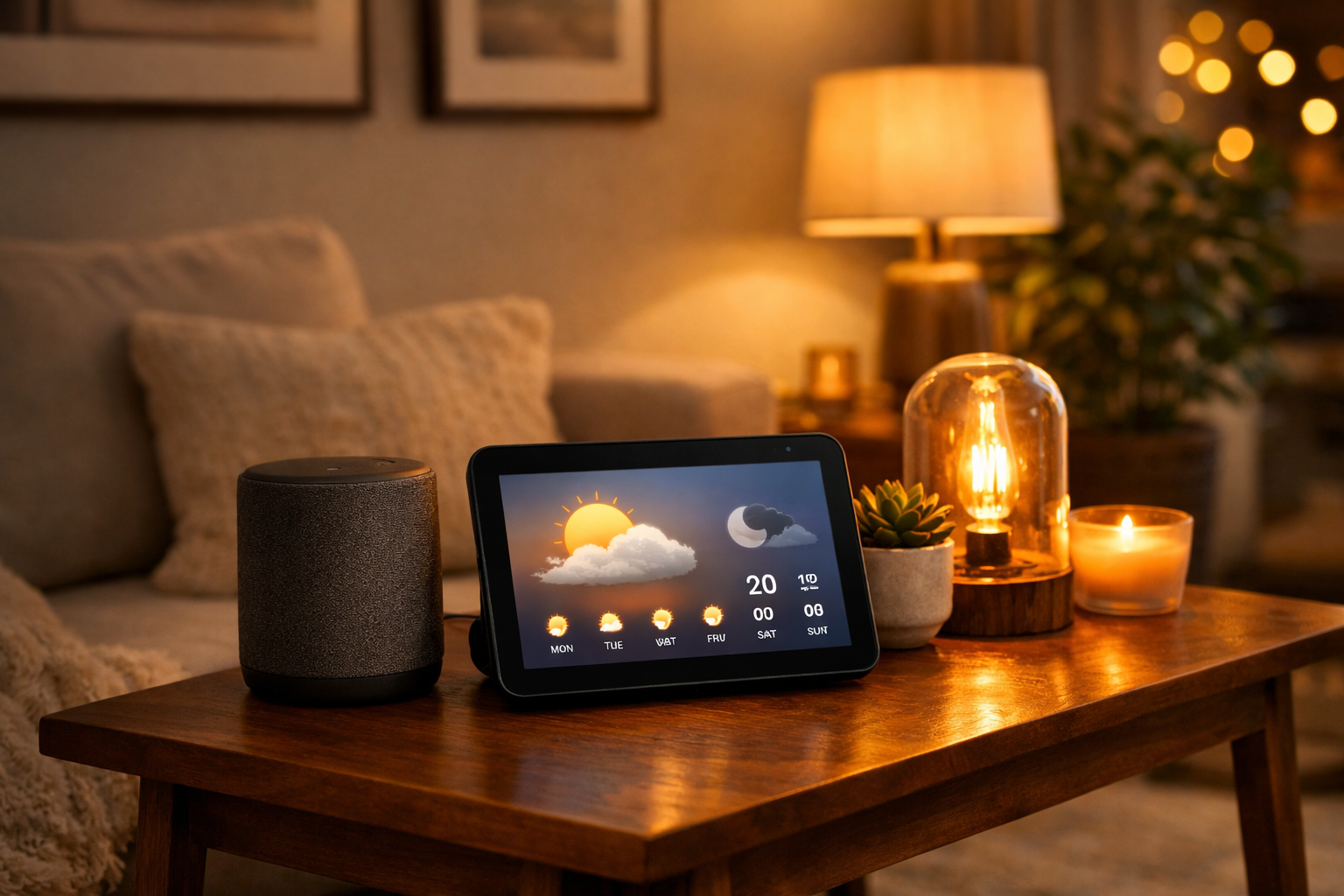 Smart home devices on a table